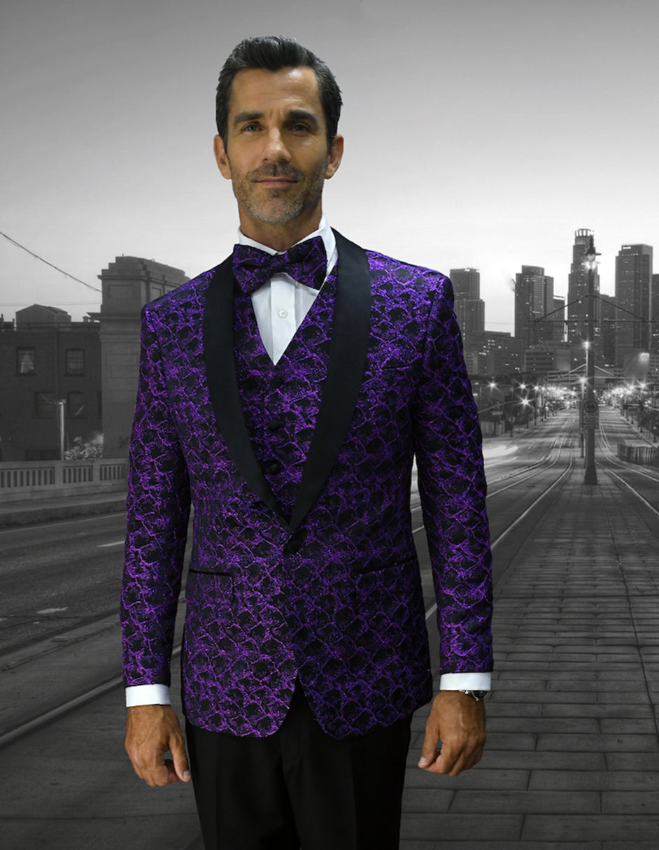 Mens Vested Floar Pattern Shawl Lapel Tuxedo in Purple - Men's Tuxedo USA