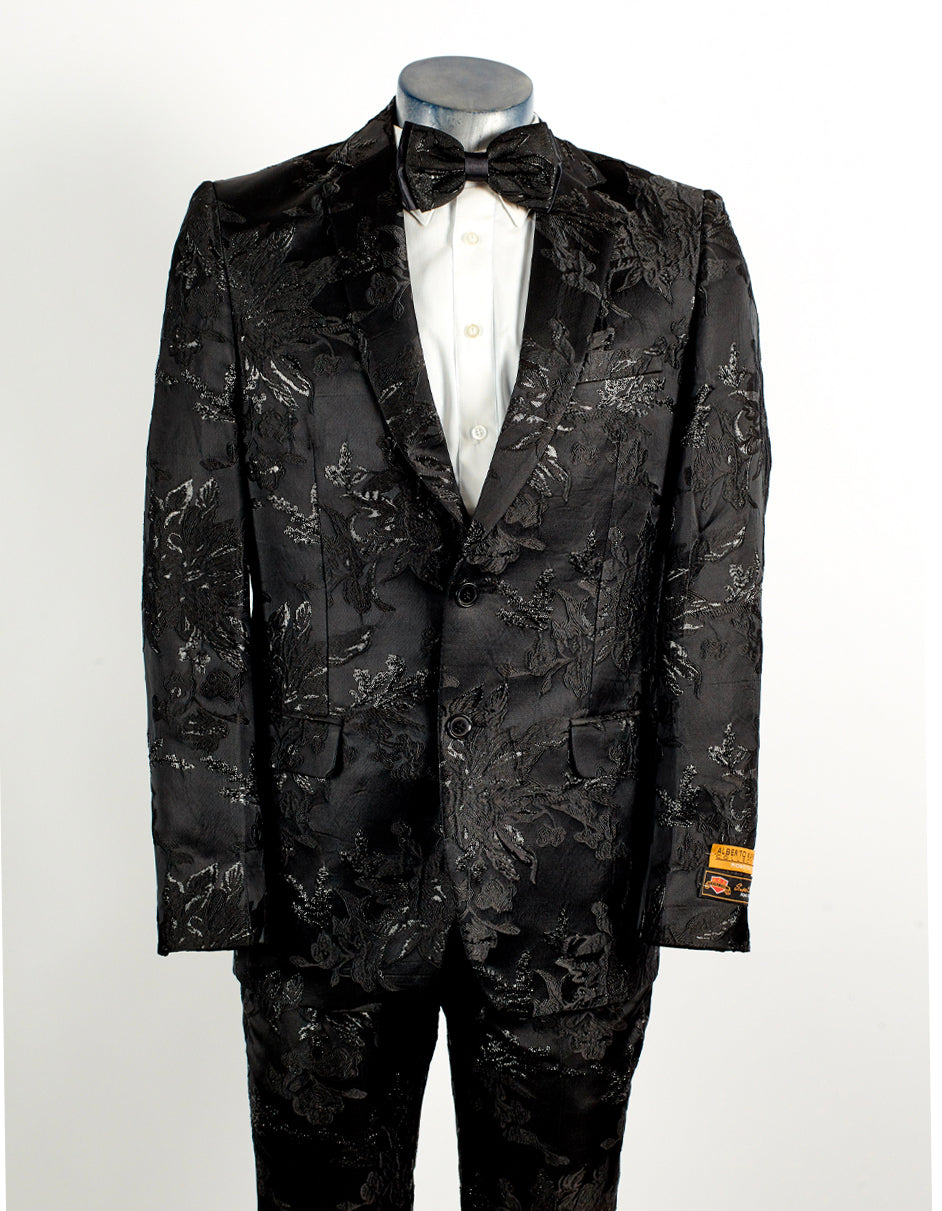 Mens 2 Button Black Shiny Floral Paisley Prom and Wedding Tuxedo - Men's Tuxedo USA