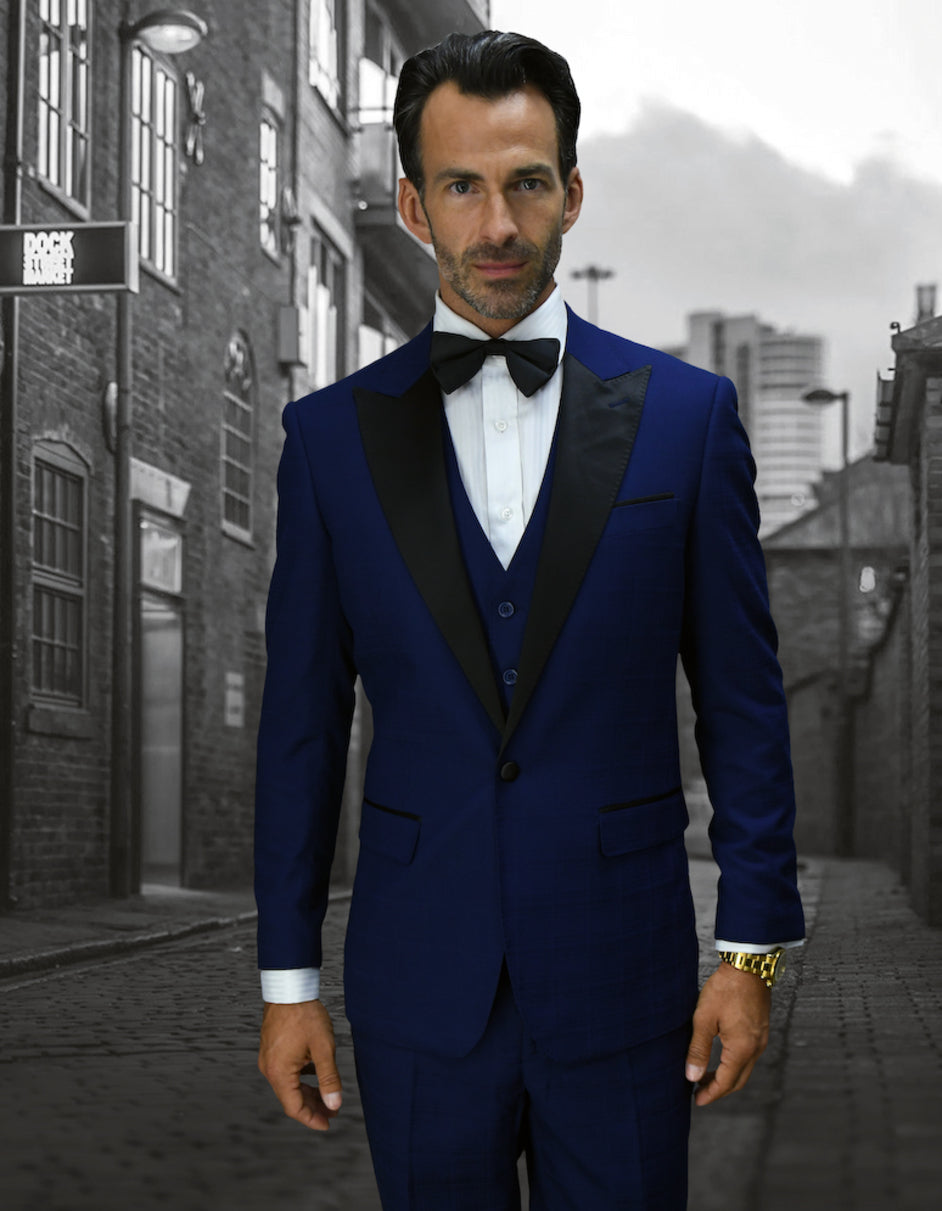 Mens 1 Button Peak Lapel Vested Wool Tuxedo in Sapphire Blue - Men's Tuxedo USA