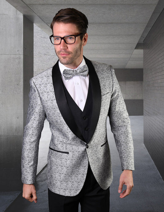 Mens Vested Lace Pattern Tuxedo in Silver - Men's Tuxedo USA