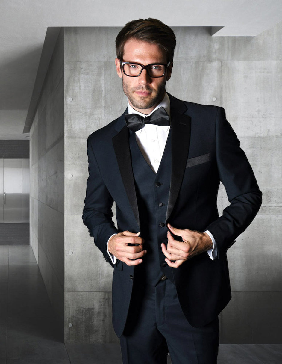 Mens Classic Modern Fit 2 Button Vested Wool Tuxedo in Navy Blue - Men's Tuxedo USA