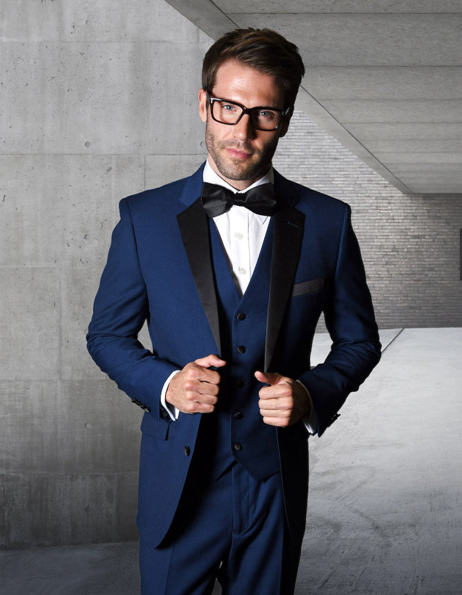 Mens Classic Modern Fit 2 Button Vested Wool Tuxedo in Sapphire Blue - Men's Tuxedo USA