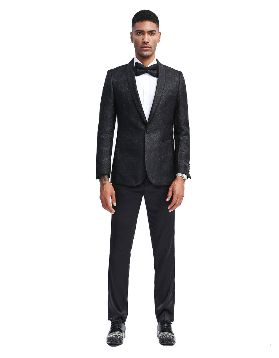 Mens Slim Fit Floral Print Prom Dinner Jacket Tuxedo in Black - Men's Tuxedo USA