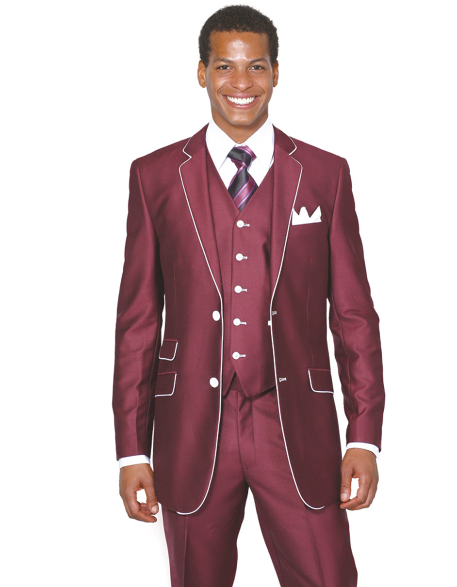 Mens 2 Button Vested Trim Tuxedo in Burgundy - Men's Tuxedo USA