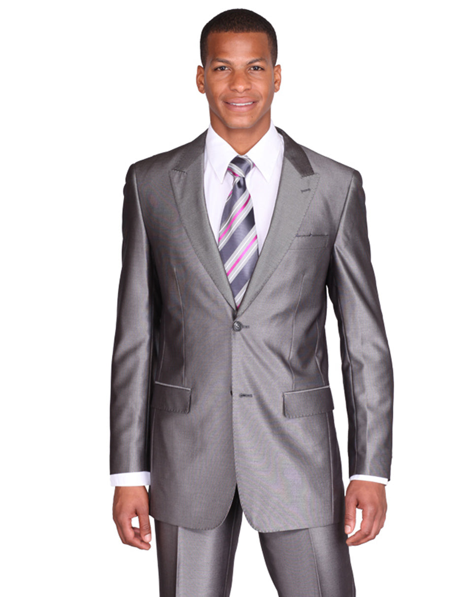 Mens 2 Button Peak Lapel Shiny Sharkskin Suit in Grey - Men's Tuxedo USA