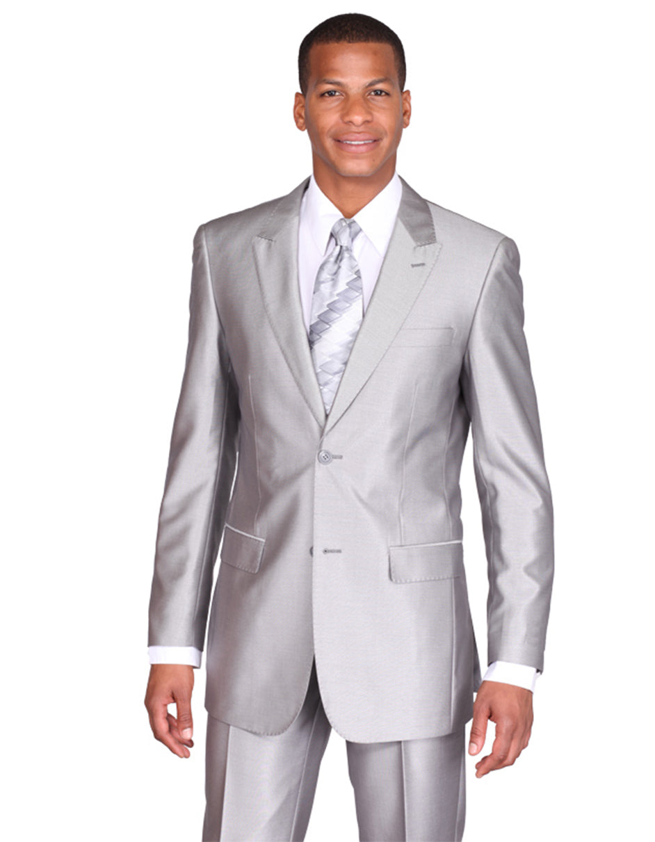 Mens 2 Button Peak Lapel Shiny Sharkskin Suit in Silver Grey - Men's Tuxedo USA