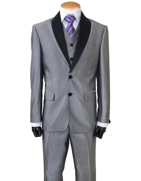 Mens 2 Button Sharkskin Tuxedo with Satin Shawl in Silver - Men's Tuxedo USA