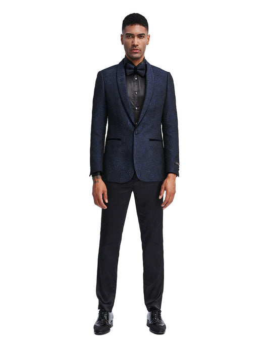 Mens Slim Fit Paisley Shawl Lapel Prom Dinner Jacket Tuxedo Blazer in Navy Blue - Men's Tuxedo USA