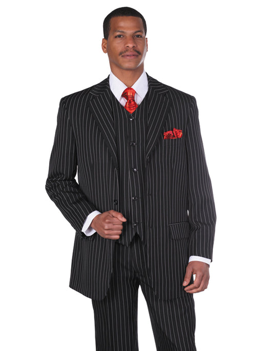 Mens 3 Button Notch Lapel Bold Pinstripe Gangster Suit in Black - Men's Tuxedo USA