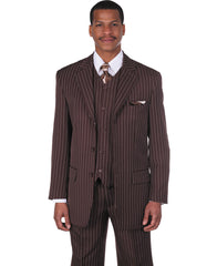 Mens 3 Button Notch Lapel Bold Pinstripe Gangster Suit in Brown - Men's Tuxedo USA