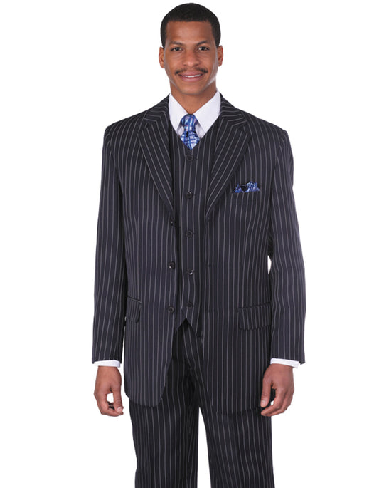 Mens 3 Button Notch Lapel Bold Pinstripe Gangster Suit in Navy Blue - Men's Tuxedo USA