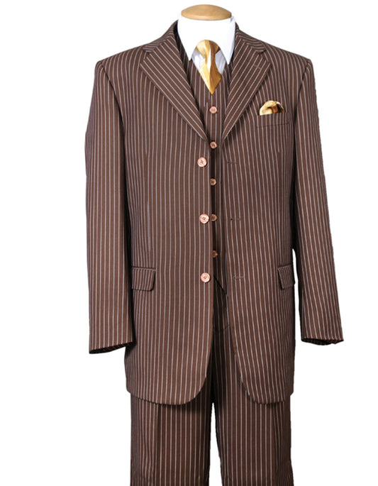 Mens 3 Button Notch Lapel Bold Pinstripe Gangster Suit in Brown - Men's Tuxedo USA