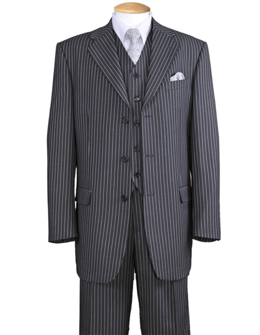 Mens 3 Button Notch Lapel Bold Pinstripe Gangster Suit in Grey - Men's Tuxedo USA