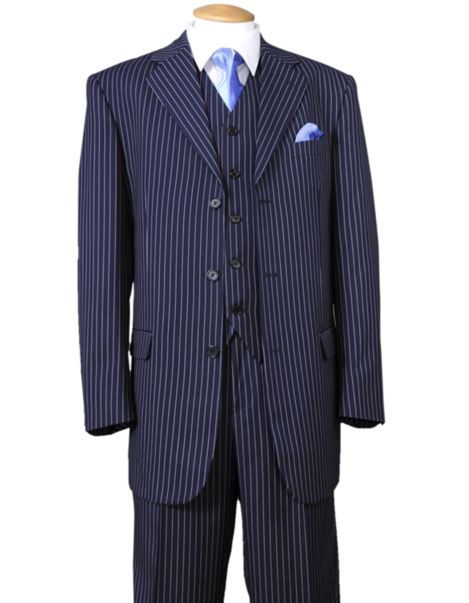 Mens 3 Button Notch Lapel Bold Pinstripe Gangster Suit in Navy Blue - Men's Tuxedo USA