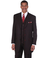 Mens 3 Button Peak Lapel Bold Pinstripe Gangster Suit in Black & Red - Men's Tuxedo USA