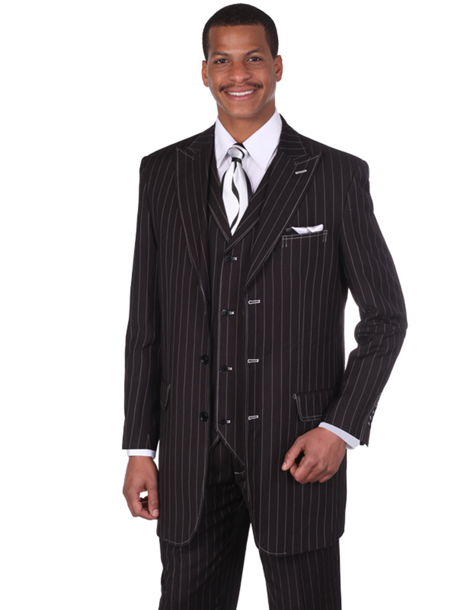 Mens 3 Button Peak Lapel Bold Pinstripe Gangster Suit in Black & White - Men's Tuxedo USA