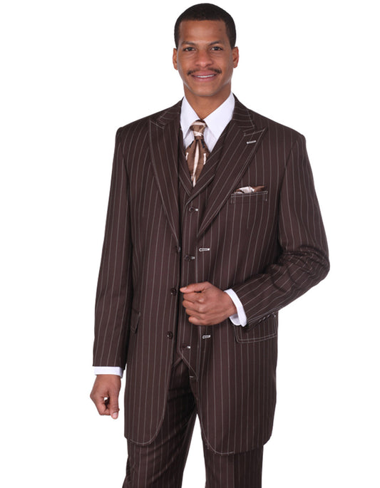 Mens 3 Button Peak Lapel Bold Pinstripe Gangster Suit in Brown - Men's Tuxedo USA