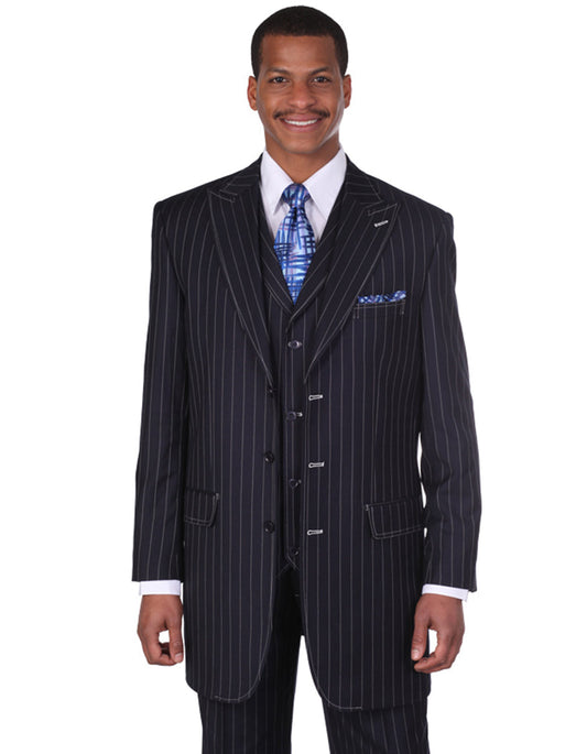 Mens 3 Button Peak Lapel Bold Pinstripe Gangster Suit in Navy Blue - Men's Tuxedo USA