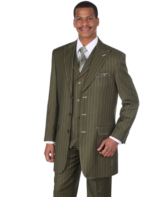 Mens 3 Button Peak Lapel Bold Pinstripe Gangster Suit in Olive - Men's Tuxedo USA