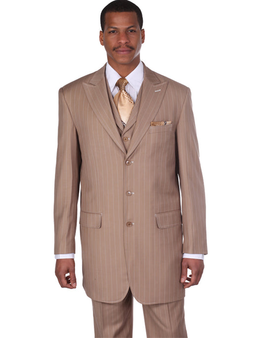 Mens 3 Button Peak Lapel Bold Pinstripe Gangster Suit in Tan - Men's Tuxedo USA