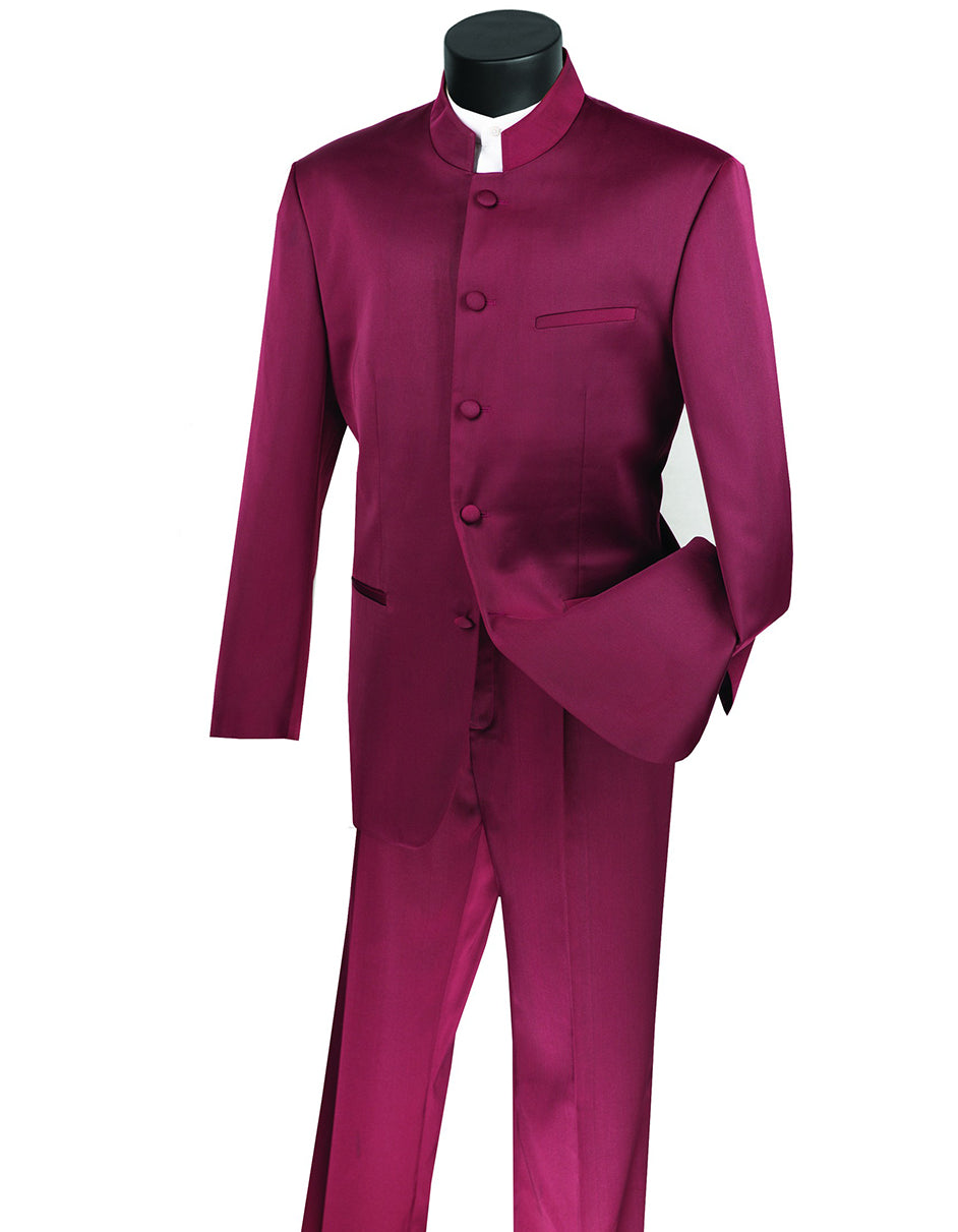 Mens 5 Button Mandarin Collar Tuxedo Suit in Burgundy - Men's Tuxedo USA