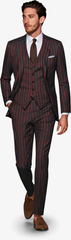 Mens 2 Button Vested 3 Piece Gangster Bold Pinstripe Suit in Burgundy - Men's Tuxedo USA