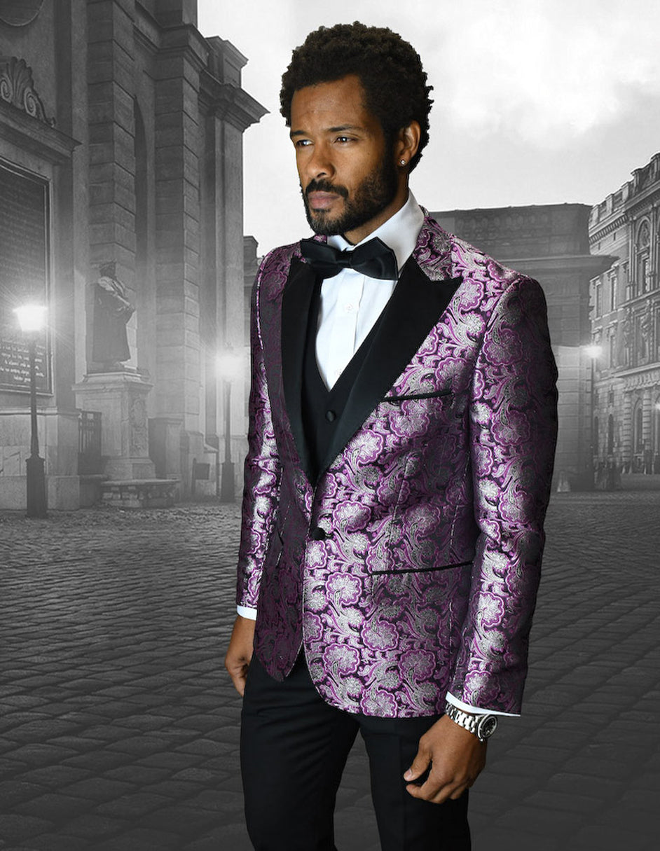 Mens Vested One Button Peak Lapel Shiny Floral Tuxedo in Fuschia - Men's Tuxedo USA