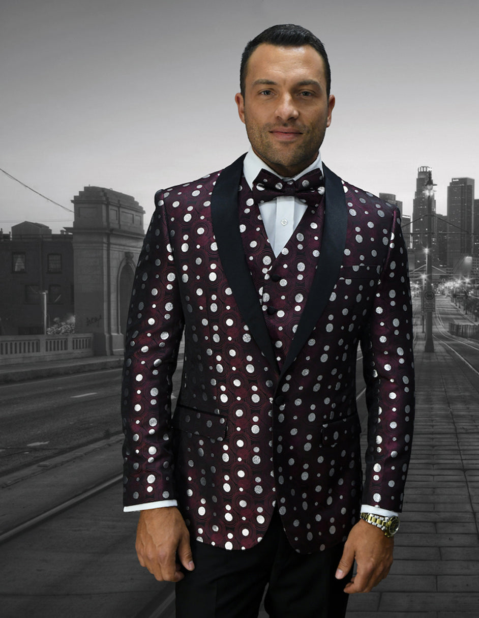 Mens Vested Polka Dot Tuxedo in Burgundy - Men's Tuxedo USA