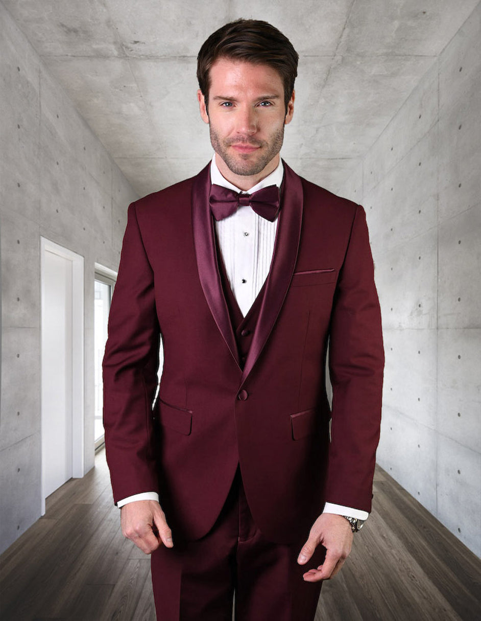 Mens Wool One Button Modern Fit Vested Shawl Prom Tuxedo in Burgundy - Men's Tuxedo USA