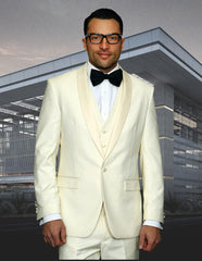 Mens Wool One Button Modern Fit Vested Shawl Prom Tuxedo in Ivory - Men's Tuxedo USA