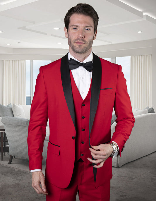 Mens Wool One Button Modern Fit Vested Shawl Prom Tuxedo in Red - Men's Tuxedo USA