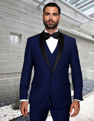 Mens Wool One Button Modern Fit Vested Shawl Prom Tuxedo in Sapphire Blue - Men's Tuxedo USA