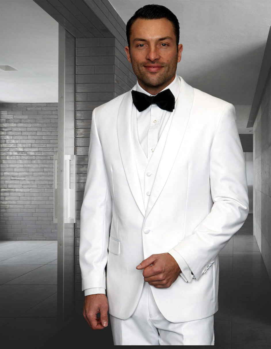 Mens Wool One Button Modern Fit Vested Shawl Prom Tuxedo in White - Men's Tuxedo USA