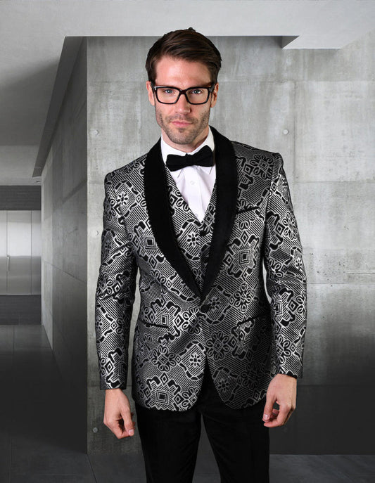 Mens Vested One Button Geometric Print Prom Tuxedo in Black - Men's Tuxedo USA