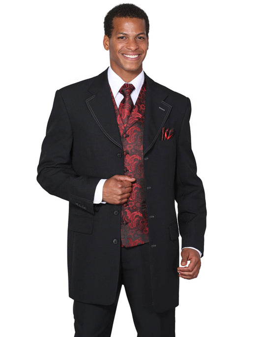 Mens 4 Button Wide Notch Lapel Fashion Zoot Suit in Black & Red - Men's Tuxedo USA