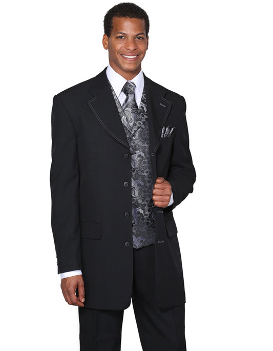 Mens 4 Button Wide Notch Lapel Fashion Zoot Suit in Black - Men's Tuxedo USA