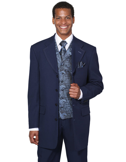 Mens 4 Button Wide Notch Lapel Fashion Zoot Suit in Navy - Men's Tuxedo USA