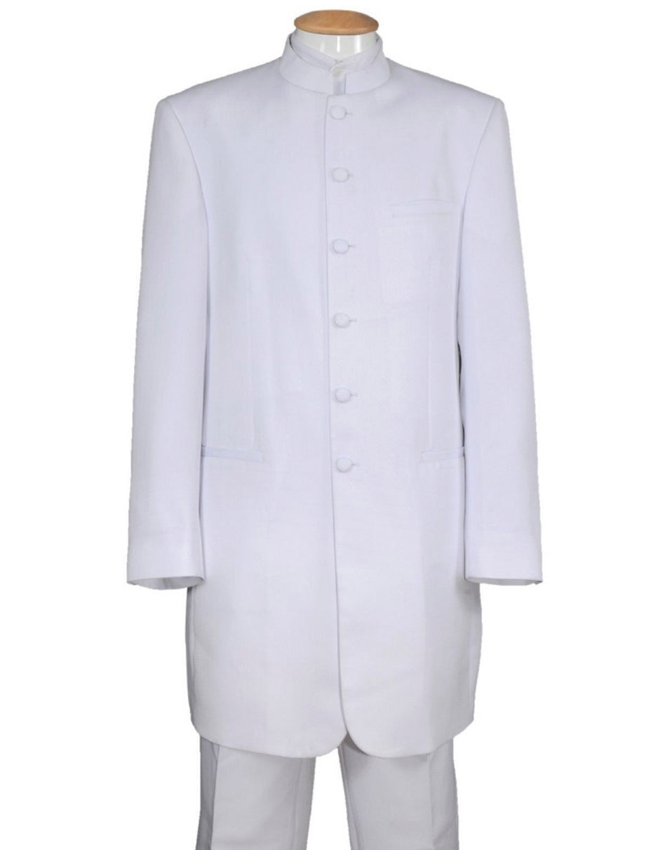 Mens 6 Button Long Style Mandarin Collar tuxedo in White - Men's Tuxedo USA