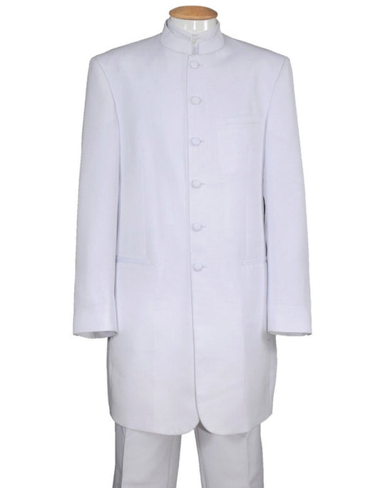 Mens 6 Button Long Style Mandarin Collar tuxedo in White - Men's Tuxedo USA