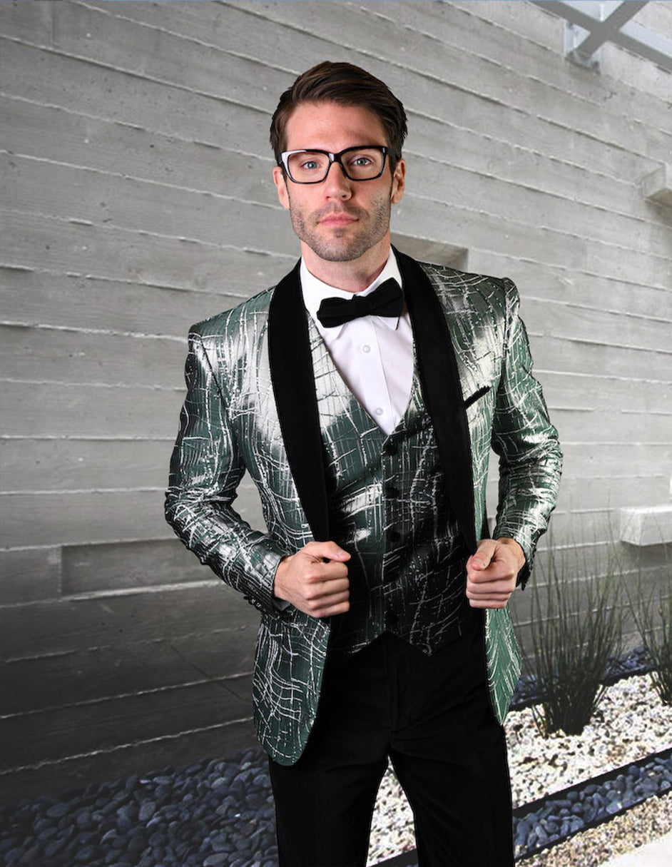 Mens One Button Organic Print Shiny Prom Tuxedo in Green - Men's Tuxedo USA