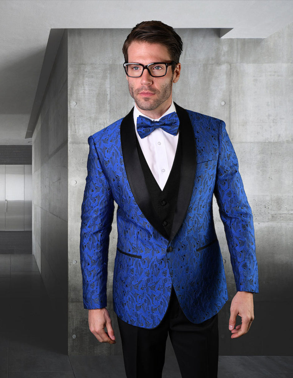 Mens Vested Geometric Leaf Pattern Tuxedo in Royal Blue - Men's Tuxedo USA