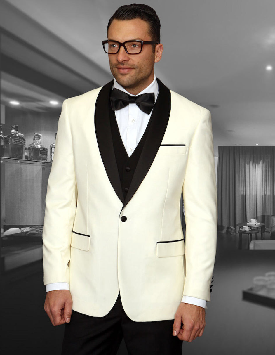 Mens Wool Ivory Dinner Jacket Tuxedo with Black Pants & Vest - Men's Tuxedo USA