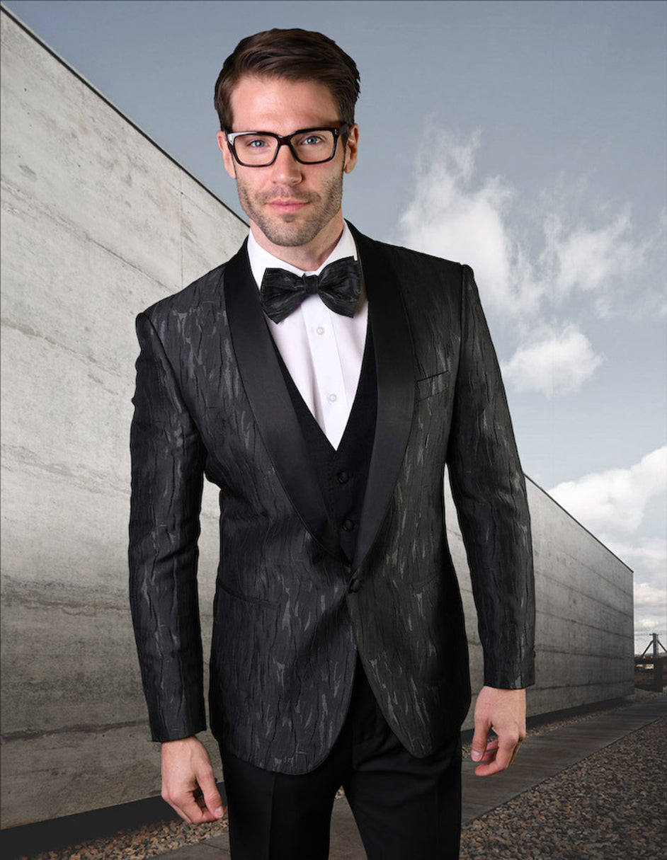 Mens Vested Vertical Texture Print Tuxedo in Black - Men's Tuxedo USA