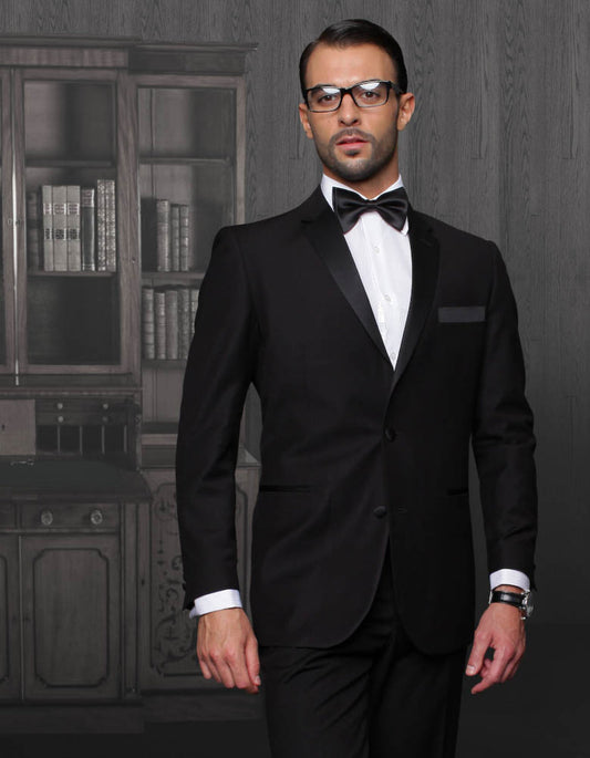 Mens 2 Button Modern Fit Wool Tuxedo in Black - Men's Tuxedo USA