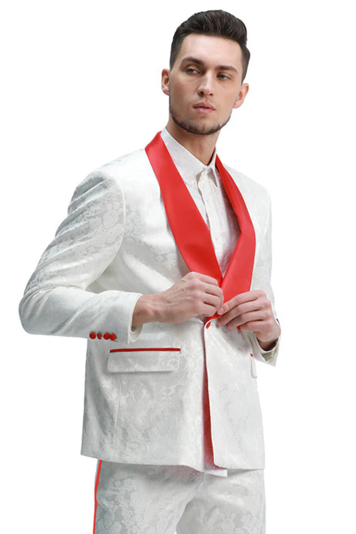 Men's Slim Fit Double Breasted Paisely Smoking Jacket Prom & Wedding Tuxedo In White & Red - Men's Tuxedo USA