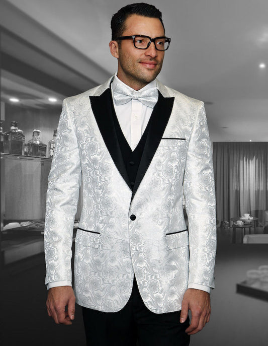 Mens Vested Paisley White Dinner Jacket Tuxedo with Black Peak Lapel - Men's Tuxedo USA