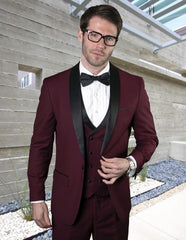 Mens Wool One Button Shawl Tuxedo with Double Breasted Vest in Burgundy - Men's Tuxedo USA