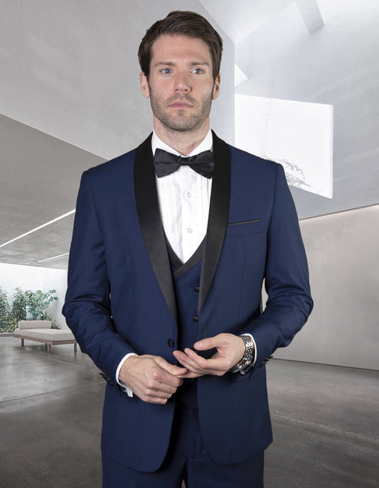 Mens Wool One Button Shawl Tuxedo with Double Breasted Vest in Sapphire Blue - Men's Tuxedo USA