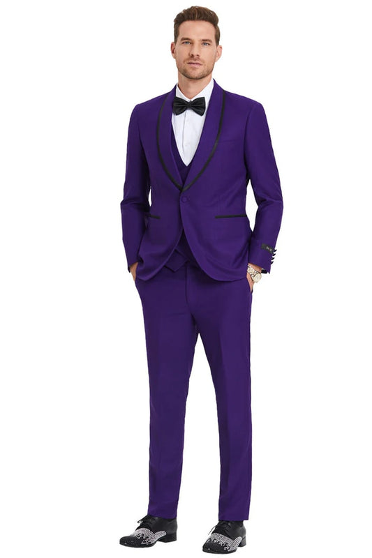 Men's One Button Vested Shawl Tuxedo in Purple Birdseye with Black Satin Trim - Men's Tuxedo USA