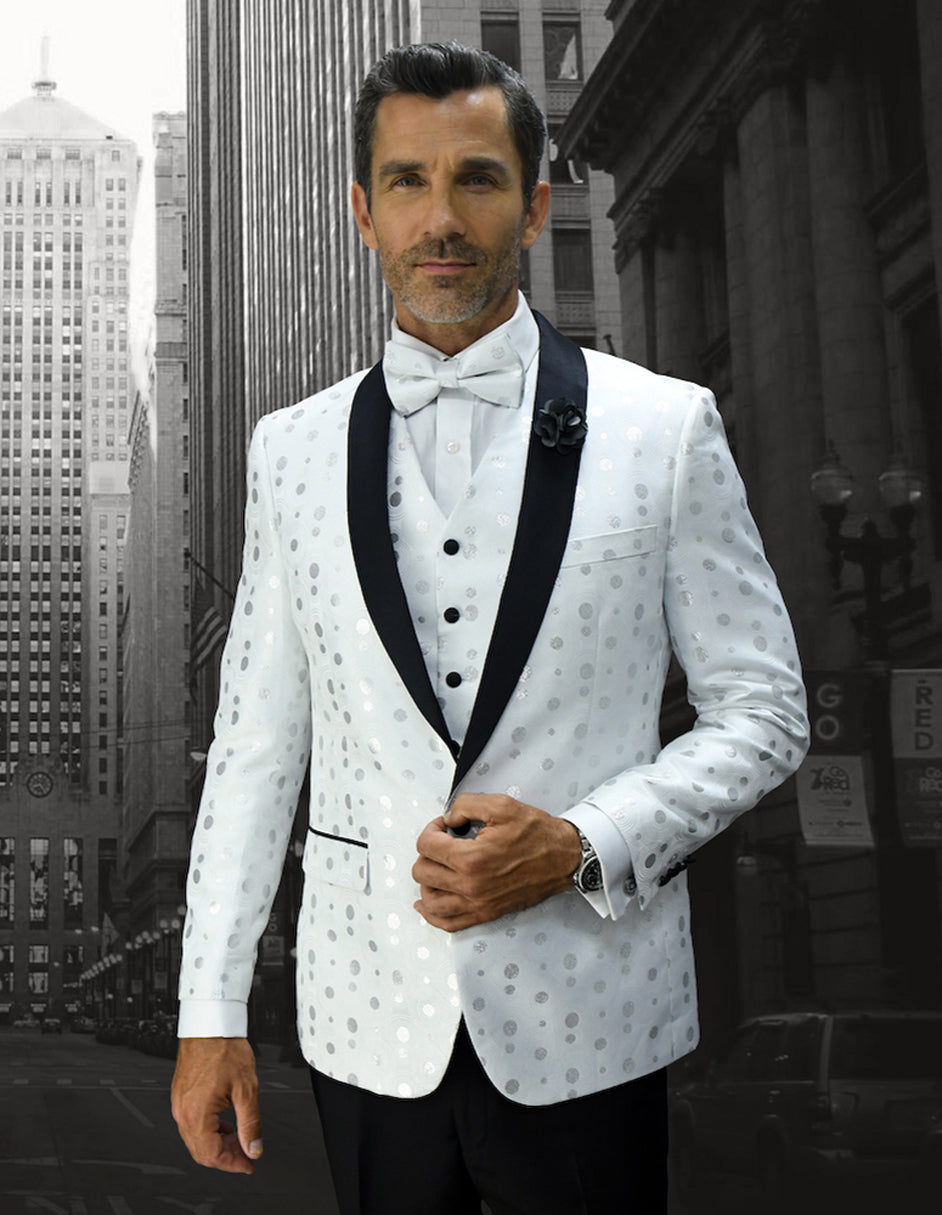 Mens Vested Polka Dot Tuxedo in White - Men's Tuxedo USA